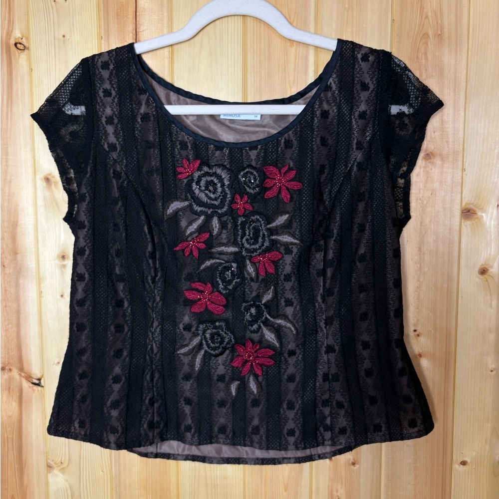 Minosa Petite Black Mesh Embroidered Floral Top Sz 14 Witchycore Y2K Whimsygoth